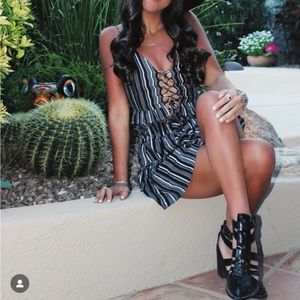 Blue Life black gray and white striped shorts and crop top set